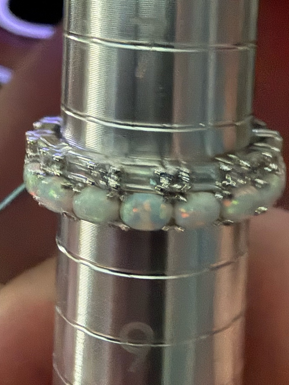 Handcrafted Opal Bead Band Ring - White Opal Accent